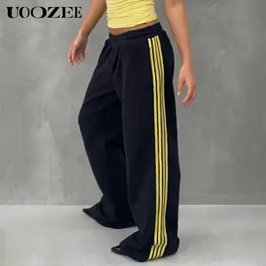 Uoozee Women's Casual Elastic Waist Track Pants with Pockets,100% Polyester Wide Leg Trousers with Side Stripes, Streetwear Casual Joggers Sweatpants Tall Length Casual Trousers, Petite Note