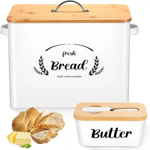 2 Extra Large Bread Box And Butter Dish With Lid  Metal Capacity Kitchen Storage Container Farmhouse Airtight Ceramic Holder Stainless Steel Knife(white)