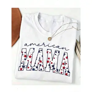 Retro Patriotic "MAMA" American Flag Bow Print, Light Blue Casual Short-Sleeve Summer Top, Women's Versatile Casual T-Shirt, Holiday Gift, Perfect Present