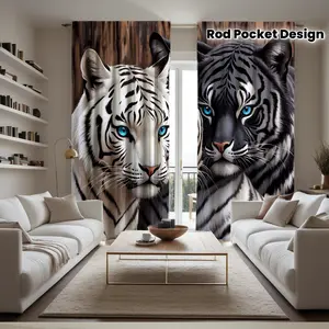 2-Pack HD Digital Printed Curtains, White and Black Tiger with Blue Eyes on Green Plant Wooden Background, Natural Wild Style Home Decor for Living Room, Bedroom, Study Room, Rod Pocket Design