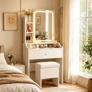 Small Vanity for Girls (with LED Mirror, Stool, Drawers, and Storage Shelves)