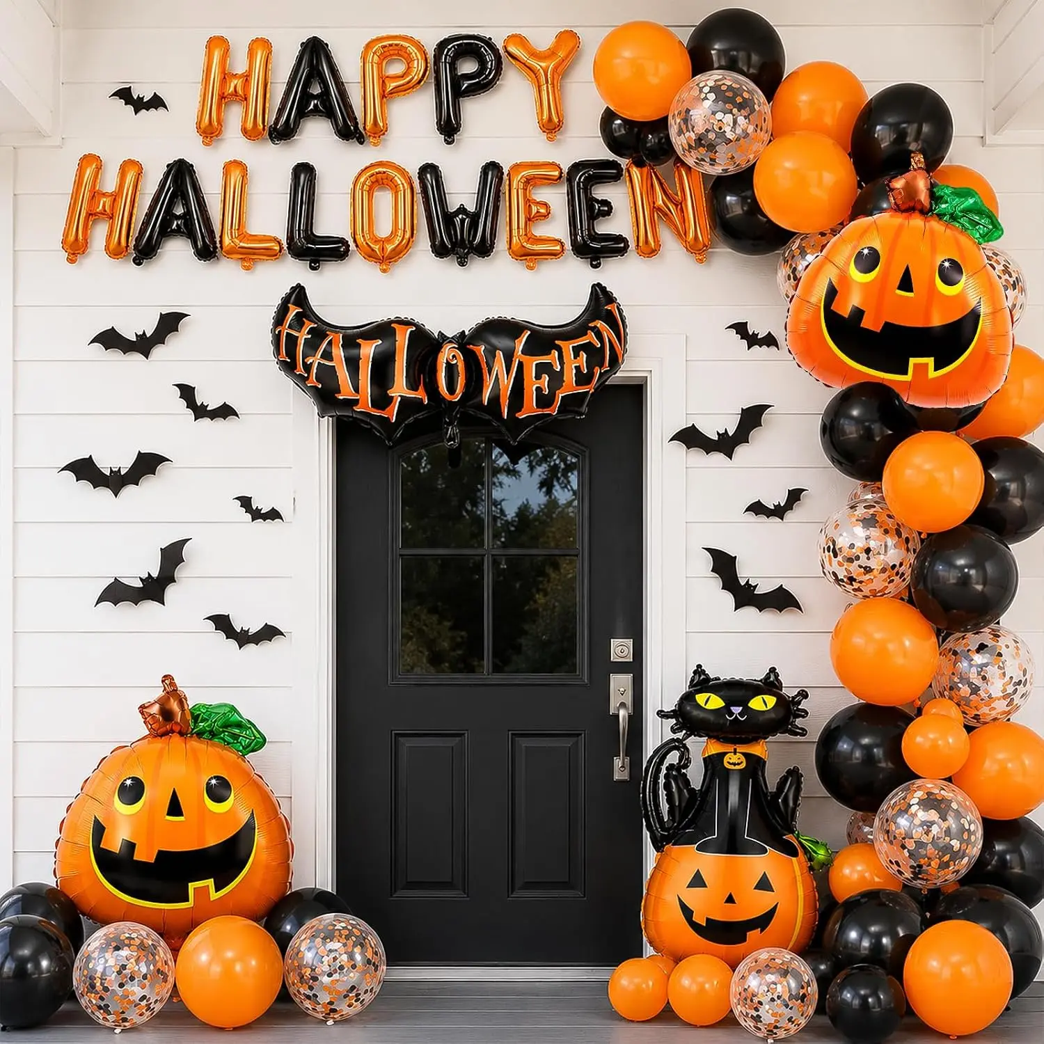 48 PCS Halloween Party Decorations, Happy Halloween Banner, Black Cat & Foil Balloons, Confetti Balloons, Spooky Party Supplies for Indoor & Outdoor Halloween Decor