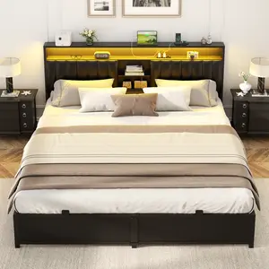 Cyclysio King/Queen/Full Size Bed Frame with Charging Station & Led Lights, Metal Platform Bed with Leather Upholstered Storage Headboard, Noise-Free
