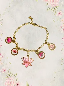 Pink Lotus & Pressed Flower Charm Bracelet | 18K Gold Plated Chain
