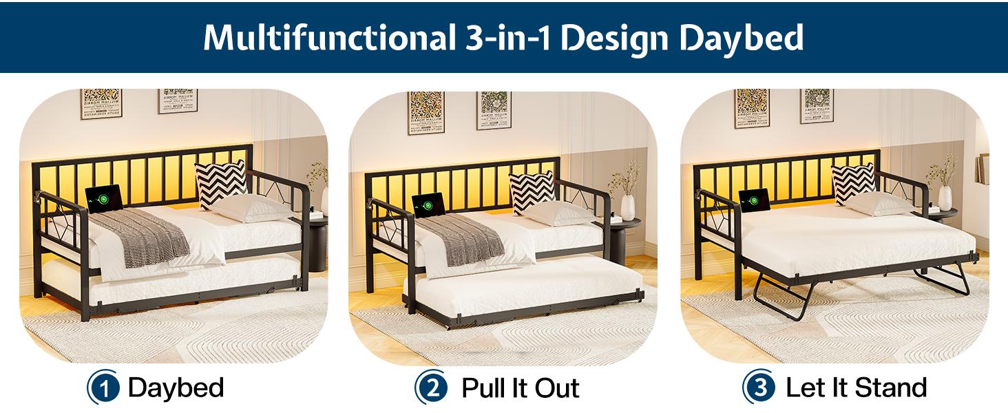 AMERLIFE Twin Daybed with Charging Station and LED Lights, Versatile Bed Frame with Steel Slats Support, Daybed with Trundle for Living Room, Bedroom, Guest Room, Black/Best Gift Ideas/Christmas Gifts