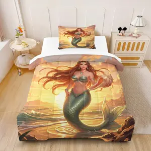 2/3 Pcs Dreamy Ocean Mermaid Comforter Set, Skin-friendly Cotton, All Season, High Definition Print, Multiple Patterns, Bedding Set for Girls Bedroom & Seaside Homestay (with Filling, Pillow Core not Included)
