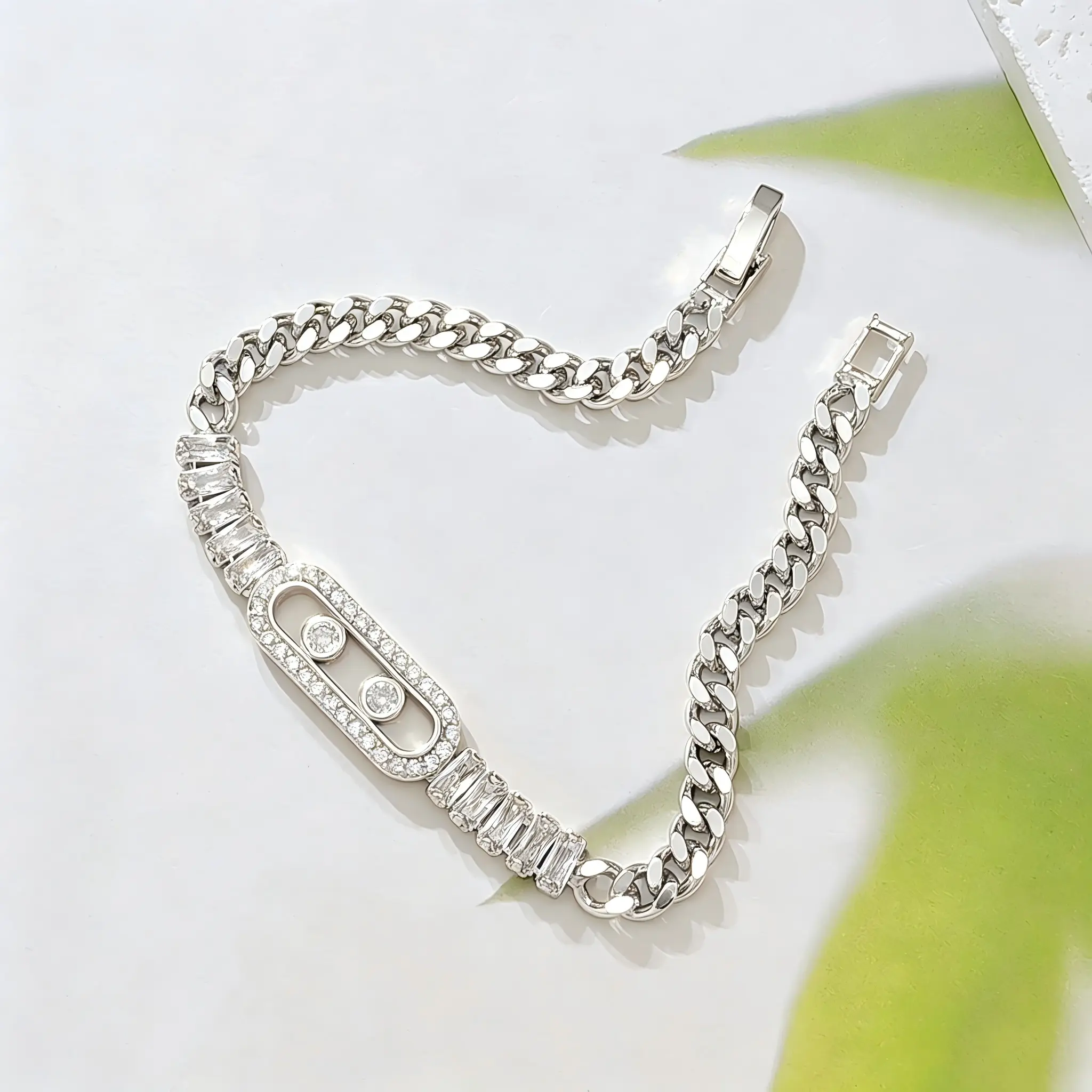 925 Sterling Silver Cuban Link Bracelet for Women, Paved Baguette Round Cubic Zirconia Paperclip Pendant Chunky Curb Chain Bracelet, Adjustable Fashion Jewelry Gift for Party Daily Wear