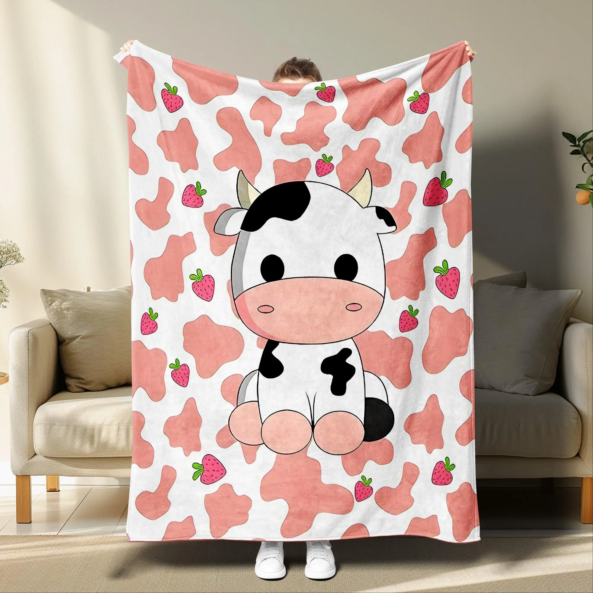 Cartoon Cow & Strawberry Print Blanket, Cool Bedroom Soft Throw Blanket, Christmas Decor Cozy Napping Blanket For Home Office Travel Camping, Christma