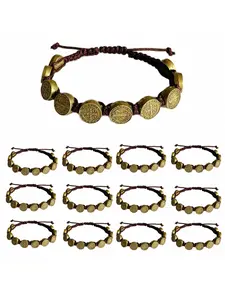 12 Pieces/Pack San Benito Bracelets Protection Handmade Red Black Cord Benedict Wrist Bracelets Adjustable Medal Rosary Bracelet Luck Benedictine Serenity Blessing Friendship Bracelet for Women Men