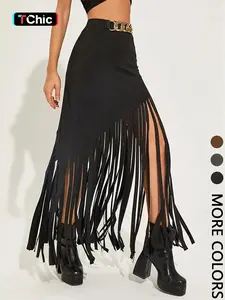 Women's Solid Color Fitted Fringe Trim Skirt, Aesthetic Fashionable Long Maxi Skirt for Party Club Dating Wear, Women's Bottoms for Summer, Womenswear