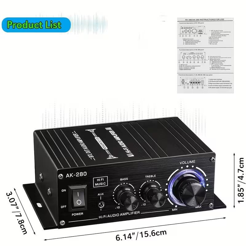AK280 AK170 Mini 2.0-Channel Audio Amplifier with Bass & Treble Controls for Cars Homes & Garages Music Player Receiver Speaker Amplifier Enhance Your Audio Experience