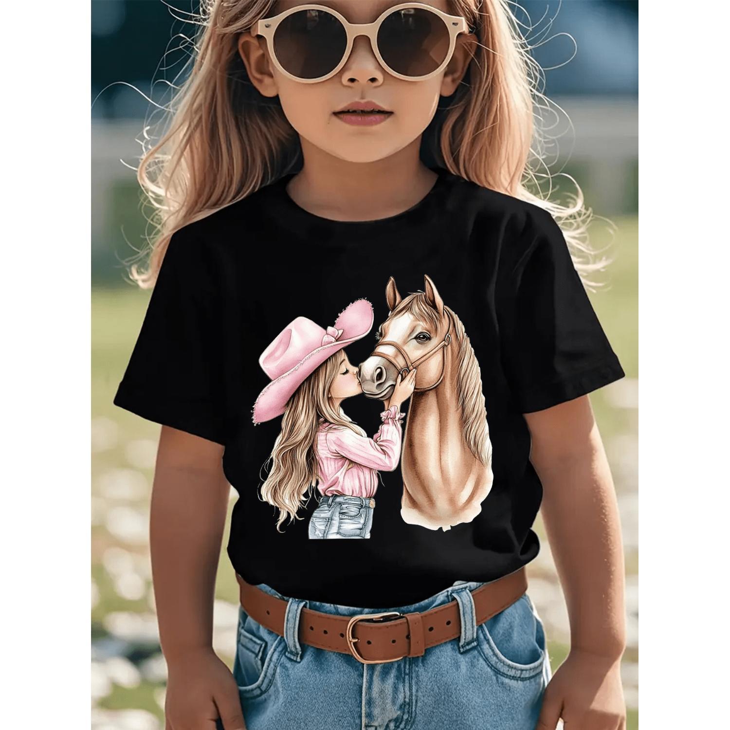 Girls Summer Short Sleeve Tee Featuring Kissable Horse and Mara Cartoon Patches Pink Casual Round Neck Top for Equestrian Style