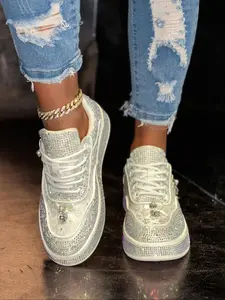 Women's Fashion Casual Sport Shoes, Rhinestone Details, Bow Pearl Decoration, Letter Embroidery, Comfortable Walking Shoes