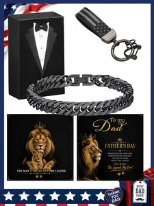 Cuban Chain Bracelet Set, Stainless Steel Gift Box, Keychain & Lion Card, Perfect for Father's Day, Halloween, Christmas, Birthdays