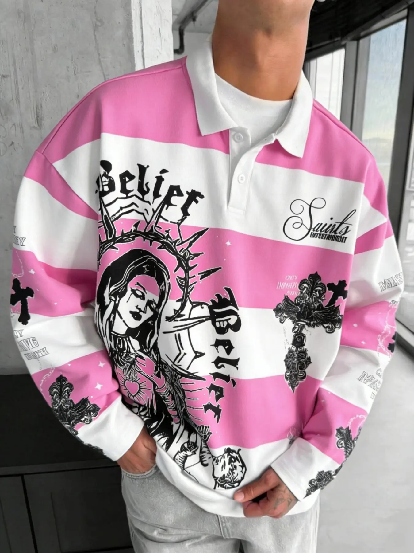 Men's Gothic Striped Polo Shirt, & Stripes, Belief Saints Ethnic Graphic Prints, Long Sleeve, Streetwear Style, Fall Winter