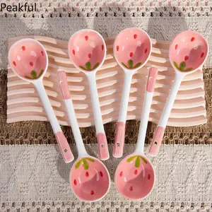 Kawaii Cartoon Strawberry Porcelain Spoon Set, Multipurpose Household Kitchenware Utensils, Elegant Smooth Ceramic Spoons for Daily Use, lightweight easy-clean stylish design, great for yogurt bowls, ice cream, coffee breaks, appetizers and family meals