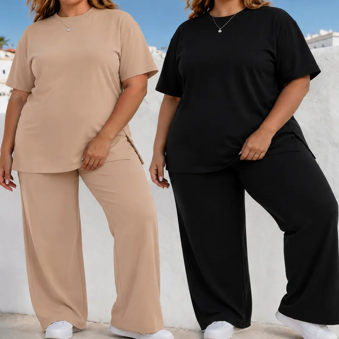 Women's Soft 2-Piece Loungewear Set, Basic Solid V-Neck Tunic and Chic Stretch Wide Leg Pants with Pockets, Everyday, Casual, Crew Neck, Pajamas, Style, Shortsleeve, Loose, 2 Pcs Set, Women's Casual 2 Piece Sets