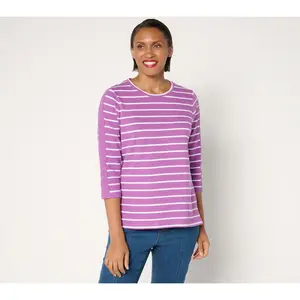 Denim & Co. Active Textured Cotton 3/4 Sleeve Striped Top