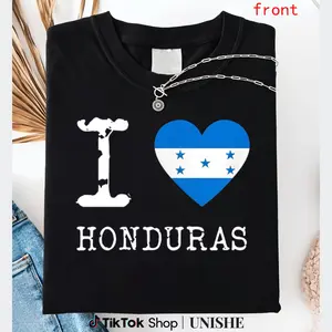 Casual 100% Cotton I Love Honduras Tee with Honduras Flag Display