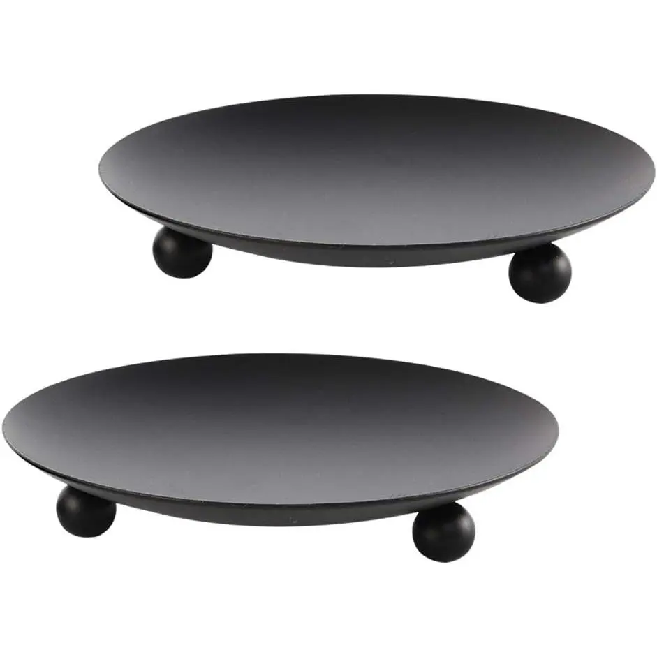 Black Iron Plate Candle Holder, Decorative Iron Pillar Candle Plate, Set of 2, 4.37 inches D x 0.78 inches H, Pedestal Candle Stand for LED & Wax Candles, Incense Cones, , Weddings (2 pcs)