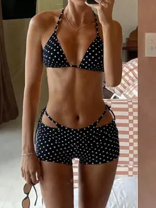 Vacation Bikini Set, Sexy Three-Piece Swimsuit, Contrast Color Design, Tie-Dye Pattern, Perfect for Beachwear, Tie Side Bikini, Beach Bathing Suit, Bikini Swimsuits
