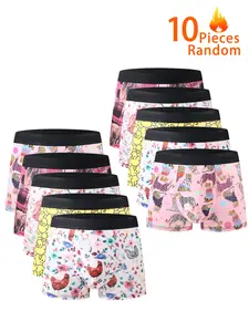 10-Pack Men's Cartoon Animal Boxer Briefs, Random Color Duck Print, Elastic Waist, Comfortable Four-Way Stretch, All-Season Underwear