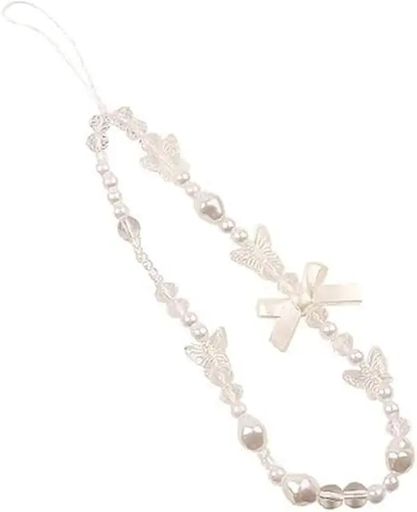 Women's Adjustable White Butterfly Beaded Smartphone Cellphone Lanyard Strap - Anti-Lost Wrist Strap, Decorative Pendant Phone Accessories, Phone Decoration