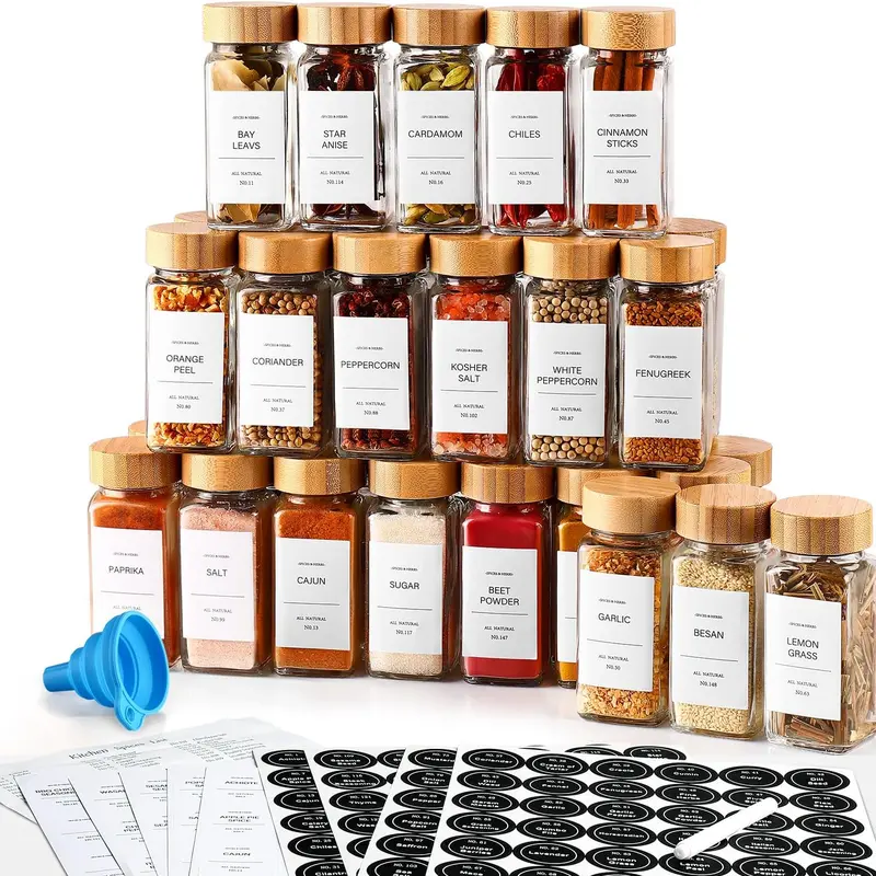 DWTS DANWEITESI 36-Piece Square Modern Glass Spice Jars Set - 4 oz Silicone-Lined Canisters, Bamboo Lids, 2-in-1 Inner Shaker Lids, 1.65" W × 4.33" H, Waterproof Labels, Collapsible Funnel, Round Utensils, Home Decor Kitchen Organizer, Birthday Ideas