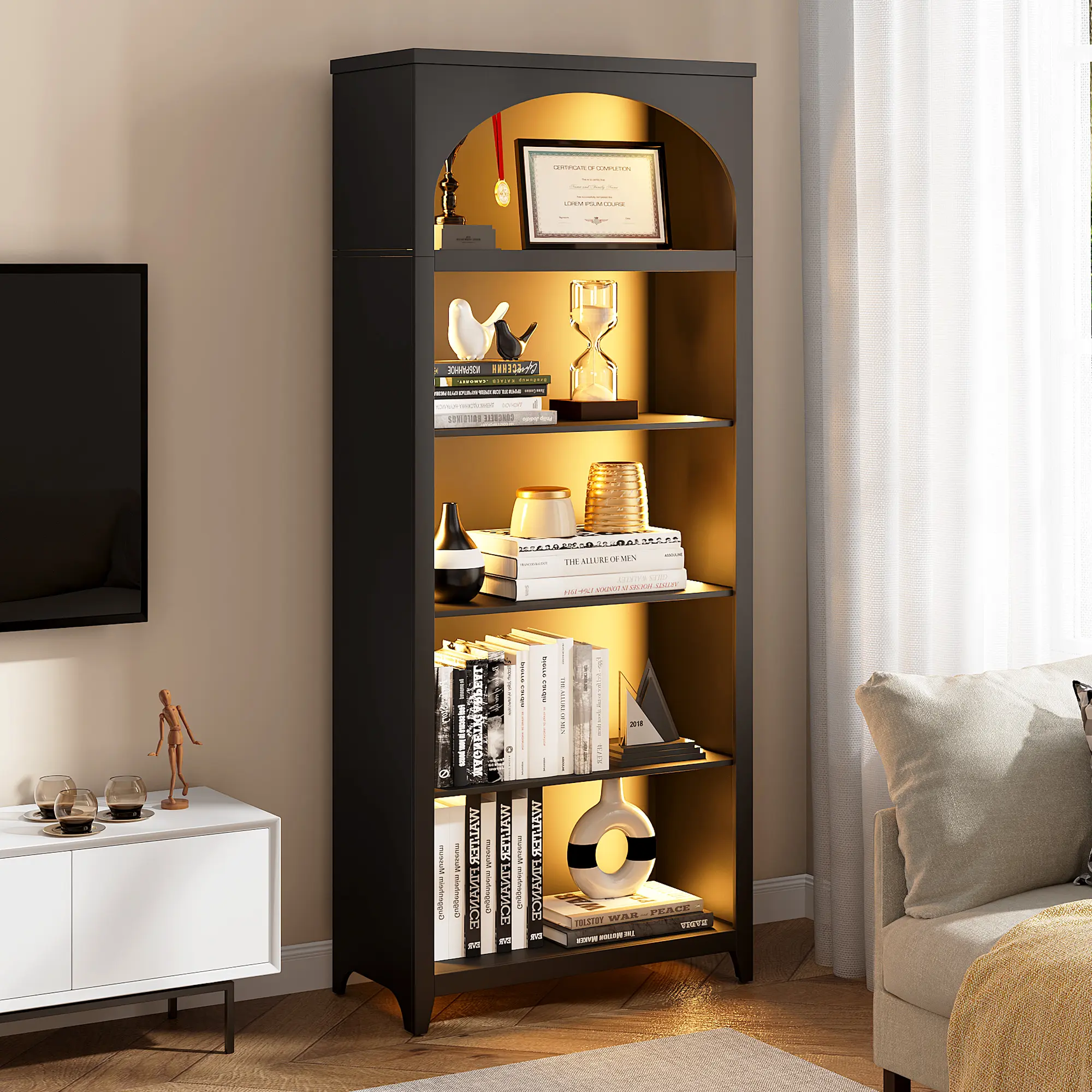 FREDEES Farmhouse Arched Solid Wood Bookshelf - Vintage 5-Tier Fluted Bookcase with 3-Color LED Lights, Open Thick Panel Shelves, Natural Grain Sturdy Storage, 18kg, Assembly Required for Living Room, Home Office