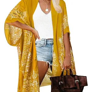 Women's Ethnic Pattern Batwing Sleeve Kimono, Casual Three Quarter Length Sleeve Split Hem Kimono, Ladies Summer Swimwear for Beach Vacation