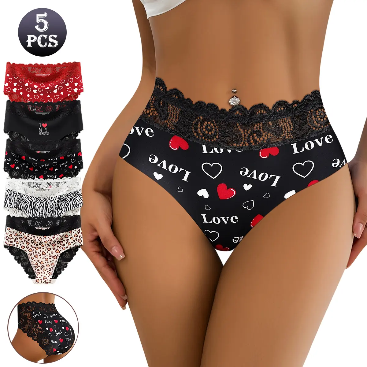 5 PCS Essential Lace Panty Set, Mid-Waisted, Skin-Friendly Full Coverage, Breathable Elastic Fabric, Sexy Multi-Color Print, Size Briefs for Leisure & Vacation (S-XXL)