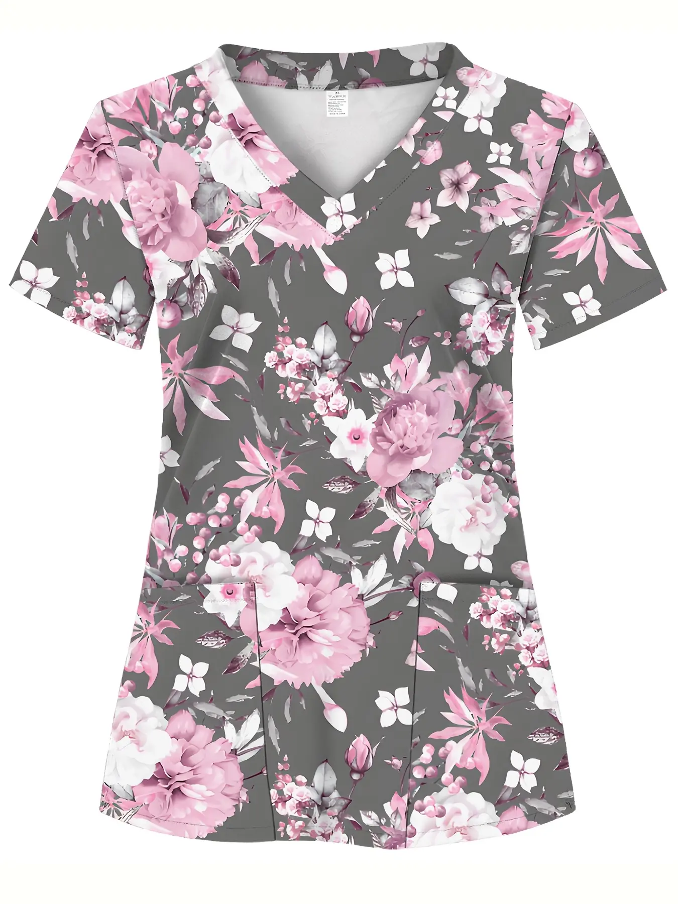All-Over Print, Pink And White Floral Pattern, Women'S Scrub Top, 2-Pocket Design, Comfortable T-Shirt for Healthcare Professionals - Soft, Breathable, And Practical Uniform, Suitable for Hospitals, Dental Clinics, Beauty Salons, And Facilities