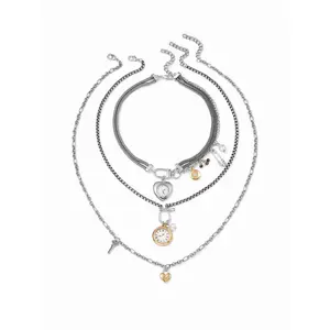 Cider CLOCK & HEART PENDANT LAYERED NECKLACE