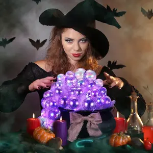 Purple Halloween Witch Bubble Bucket Set with Purple Light, Party Decor Candy Bowl Bubble Cauldron DIY Set, Light up Halloween Decorations Kit with String Light, Vintage Party Decor for Home Kitchen Party Table