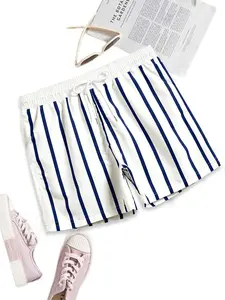 Men's White & Navy Striped Casual Shorts, Streetwear Elastic Waist Drawstring Summer Shorts, Nautical Preppy Aesthetic & Lightweight Fabric, Versatile Beach & Everyday Shorts for Men