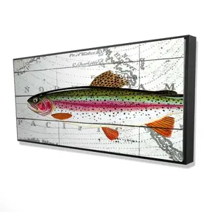 360 Stand Framed Wall Art Print - 24x48 in. Artistic Vibrant Nature Landscape with Trout on World Map, Adventure-Themed Home Decor for Living Room, Decoration, Room Aesthetic