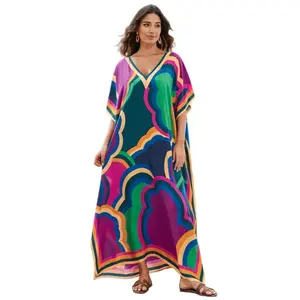 Women's Boho Kaftan Dress, Summer Clothes, Ethnic Print Casual Loose Fit Oversized Maxi Dress for Beach Holiday Vacation, Ladies Summer Clothes, Women's Clothing, Womenswear, Swimsuit Cover Up, Mumu Bubu Caftan Dresses for Party - Colorful clouds