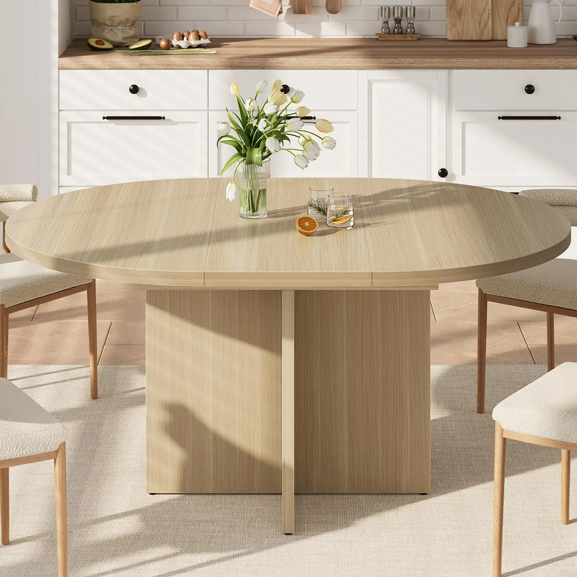 Garvee 43.3in-59in Extendable Natural Oak Round Dining Table for 4-8, Space Saving Kitchen Table with Removable Leaves, Oval Dinner Table for Dining Room, Kitchen, Living Room