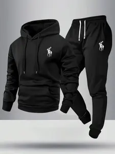 Men's spring and autumn lightweight equestrian pattern print hoodie and sweatpants set, stylish casual men's clothing with pockets, street sports, elastic waistband drawstring long pants two-piece set, suitable for cool weather and a great gift for men Sp