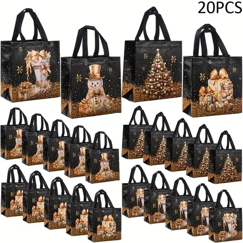 Festive Christmas Non-Woven Gift Bags Set, Bulk, Holiday Treat Bags, Goodie Bag with Snowman, Tree & Stocking Designs, Perfect for Holiday Party Favors