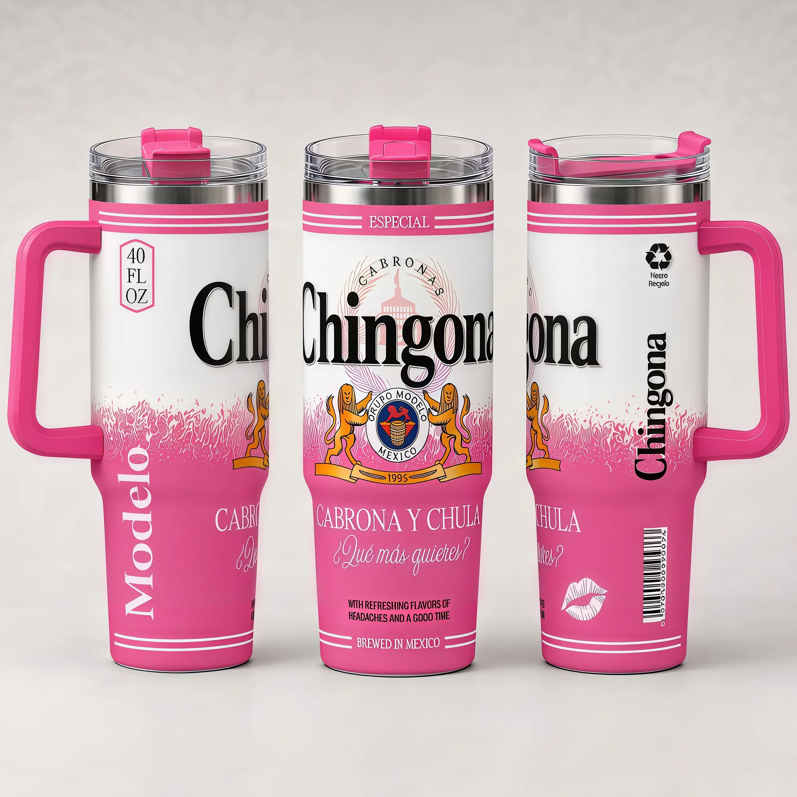 40oz Reusable Insulated Stainless Steel Tumbler - Soft Rose Pink Polka Dot Model0 Inspired Thermal Mug with Lid, Double Wall Vacuum Flask for Cold Drinks, Outdoor Use, Father's Day Gift (Mexican Cabrona y Chula Design)