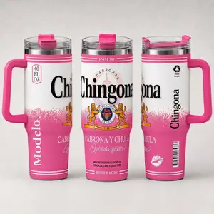 Chingona 40oz Stainless Steel Tumbler with Handle, Pink Cabrona y Chula Mexican Style Insulated Travel Mug with Lid and Straw, Funny Latina Gift Cup for Cold Drinks
