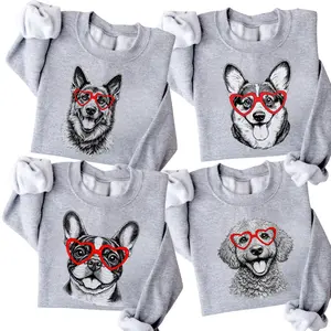 Puppy Love Face Dog Valentine Sweatshirt, Gildan Unisex Crew Pullover, 50 Dog Breeds in Heart Glasses Sweater, Cute Puppy Lover Top