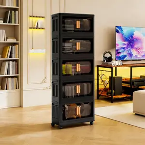 Five-tier stackable transparent plastic storage cabinet; multi-layer combination wardrobe/storage unit; bedroom nightstand alternative; thickened, durable, odor-free design for storing clothes and miscellaneous items; suitable for apartments and dorms; ta