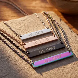 Personalized Est Year Bar Necklace Custom Date for New Mom 2026 Minimalist Name Gift Mother's Day Adjustable Cable Chain in Black Rainbow Stainless Steel Rose Gold