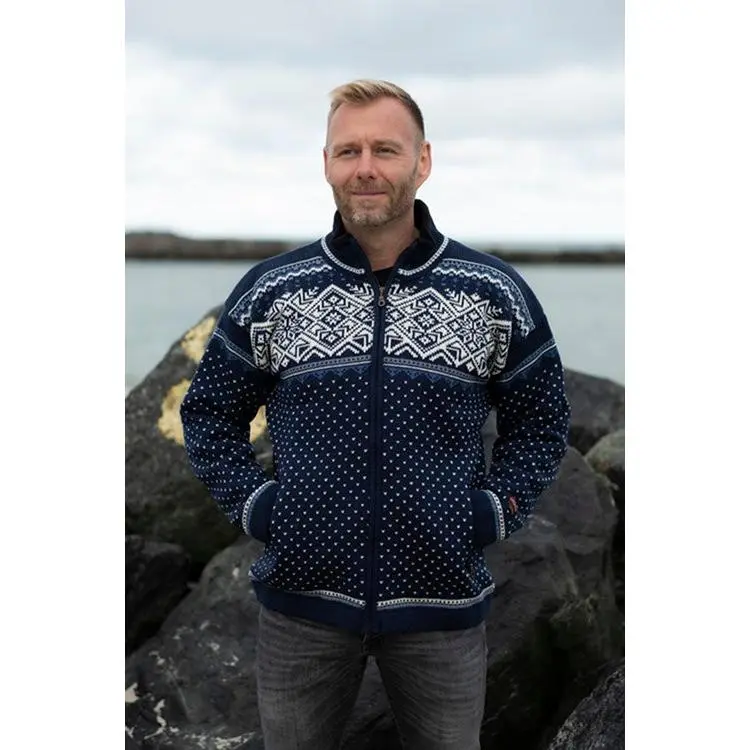 Sweater: Navy Lined Wind Blocker Jacket 100% Norwegian Worsted Wool by Gjestal of Norway