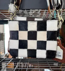 Genuine cowhide checkered crossbody bag with matching adjustable strap- SMALL