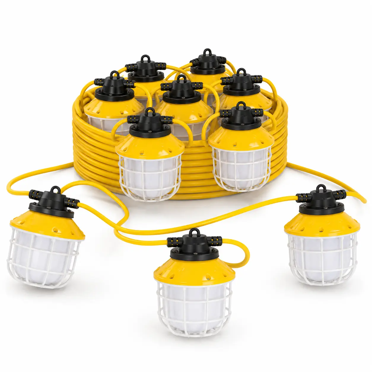 100Ft 10-Bulbs Ultra Bright LED Construction String Work Lights 20000lm 150W 5000K Linkable for Construction Sites & Work Environments