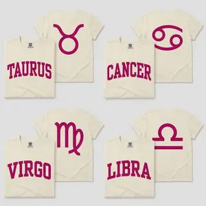 Full 12 Pink Zodiac Sign Graphic T-Shirt, Varsity Astrology Sign Graphic Tee, Taurus Cancer Virgo Libra Front Back Horoscope Shirt, Gift for Women Men
