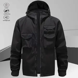 A men's hooded workwear-style jacket, leaning more towards outdoor casual and functionality. The jacket features a zipper closure for easy on and off, with multiple pockets on the chest, adding practicality and convenience for carrying small items, while